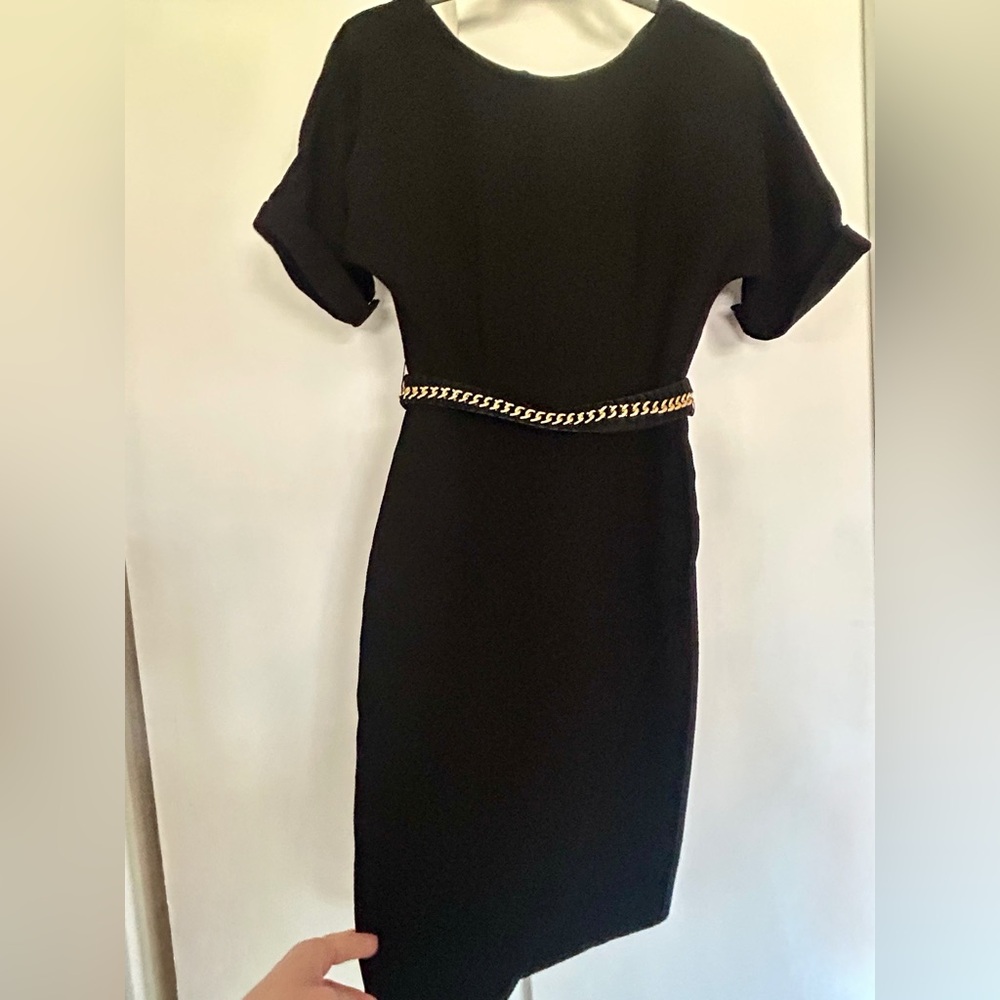 ANTONIO MELANI Black Midi Dress with Gold Chain Belt Accent Sz 0
